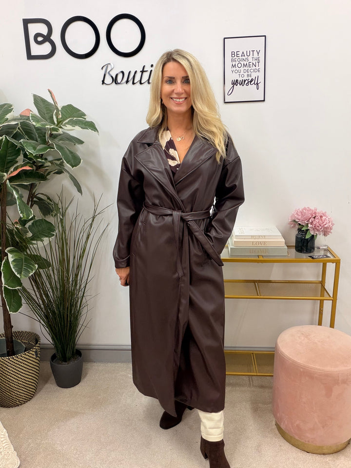 Womens fashion faux leather trench coat - plum, black & brown