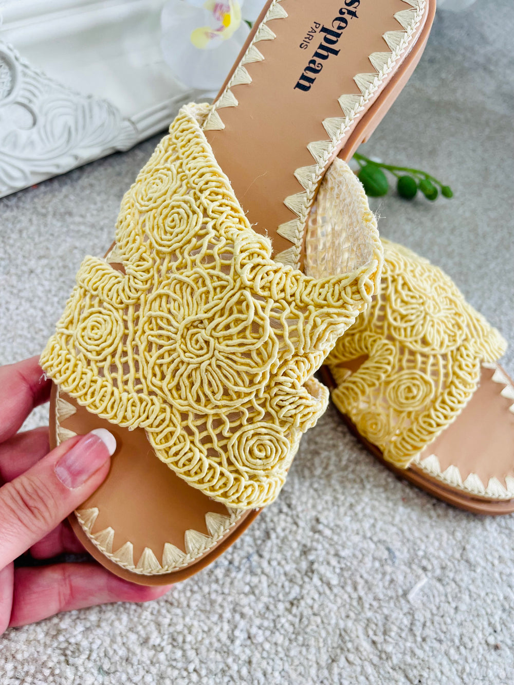 LADIES WOMENS CROCHET SLIDER SANDALS SHOES - YELLOW & BEIGE