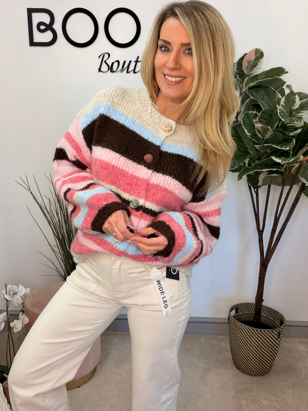 Ladies Fashion Thick Chunky Knit Stripe Oversize Cardigan