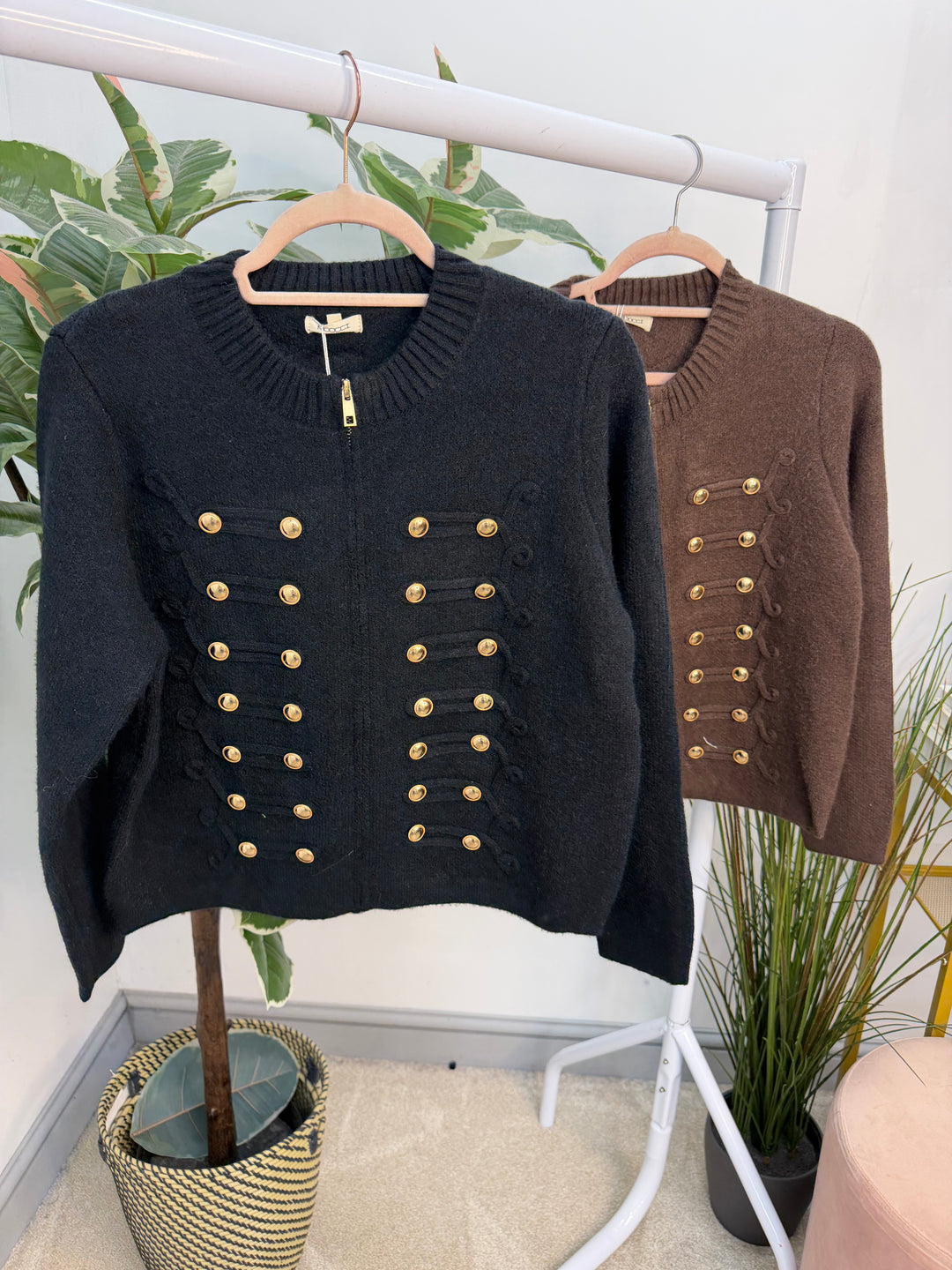 The TERI military knitted zip up cardigan - black and brown