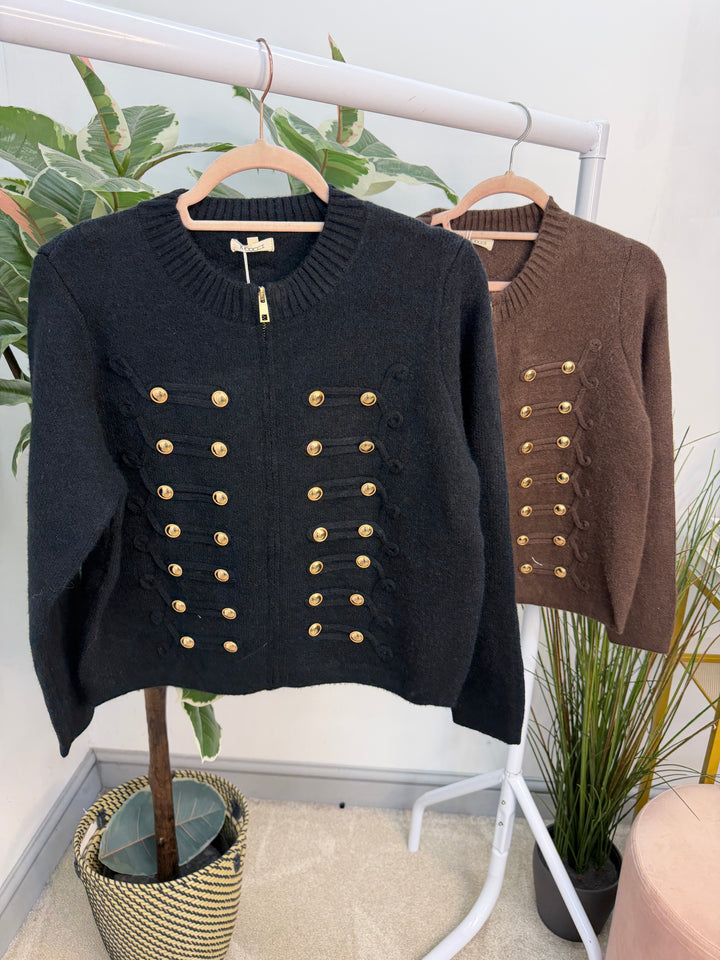 The TERI military knitted zip up cardigan - black and brown