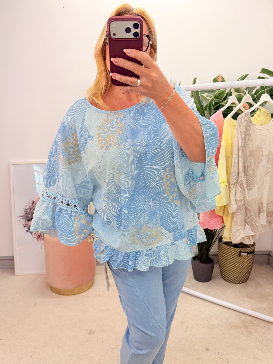 Ladies Fashion Floaty Cotton Top - Lemon, Blue, Pink & Beige