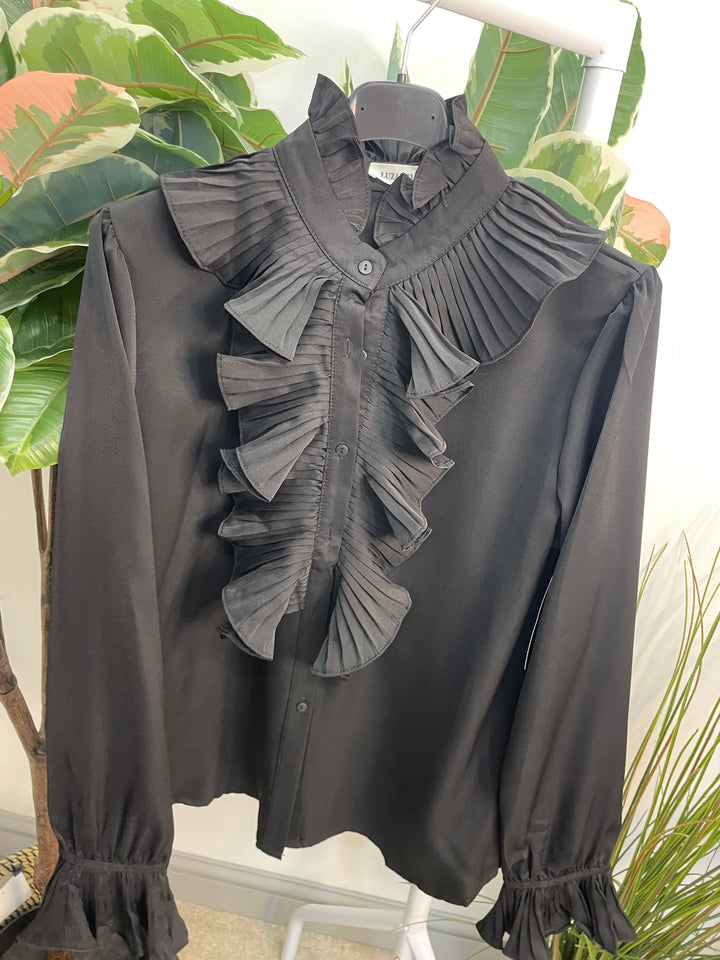LADIES FRILL FRONT BLOUSE SHIRT - BLACK & BROWN