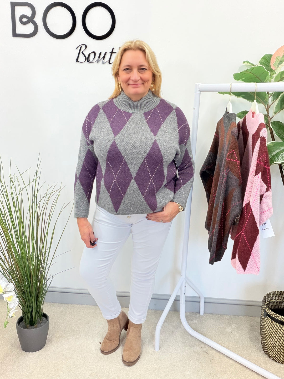 LADIES FASHION ARGYLE KNIT JUMPER - BERRY, PINK, GREY, PURPLE