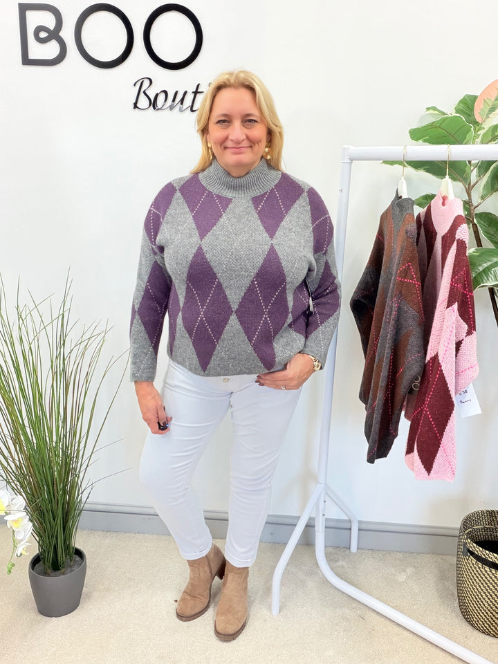LADIES FASHION ARGYLE KNIT JUMPER - BERRY, PINK, GREY, PURPLE