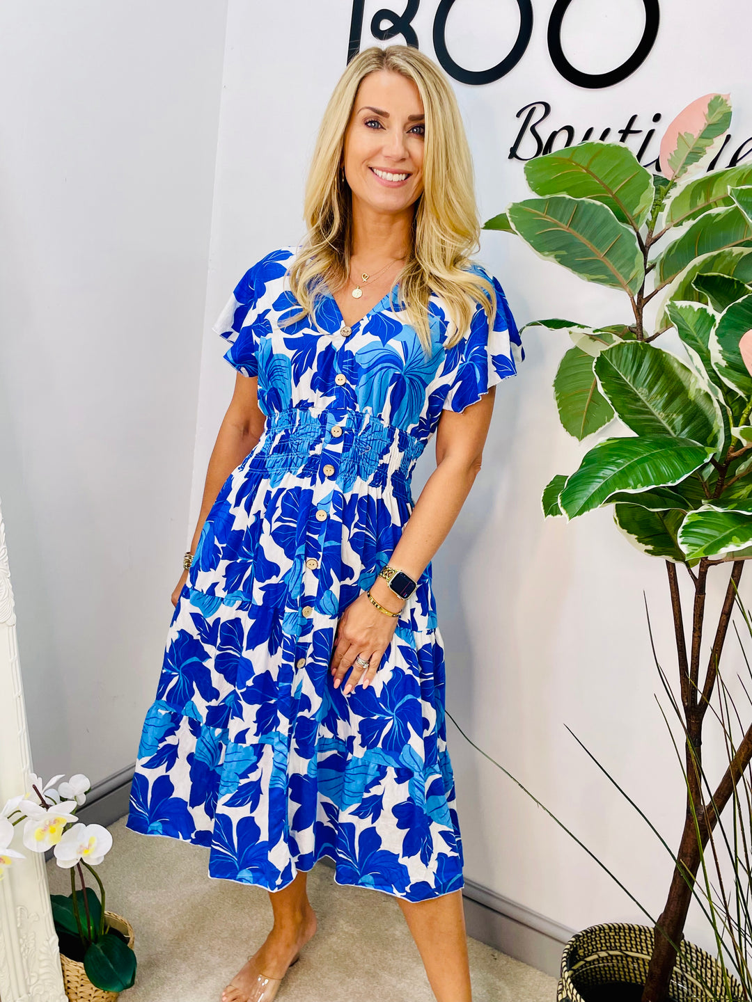LADIES LEAF PRINT SUMMER EASY WEAR DAY DRESS - BLUE, ORANGE & PINK