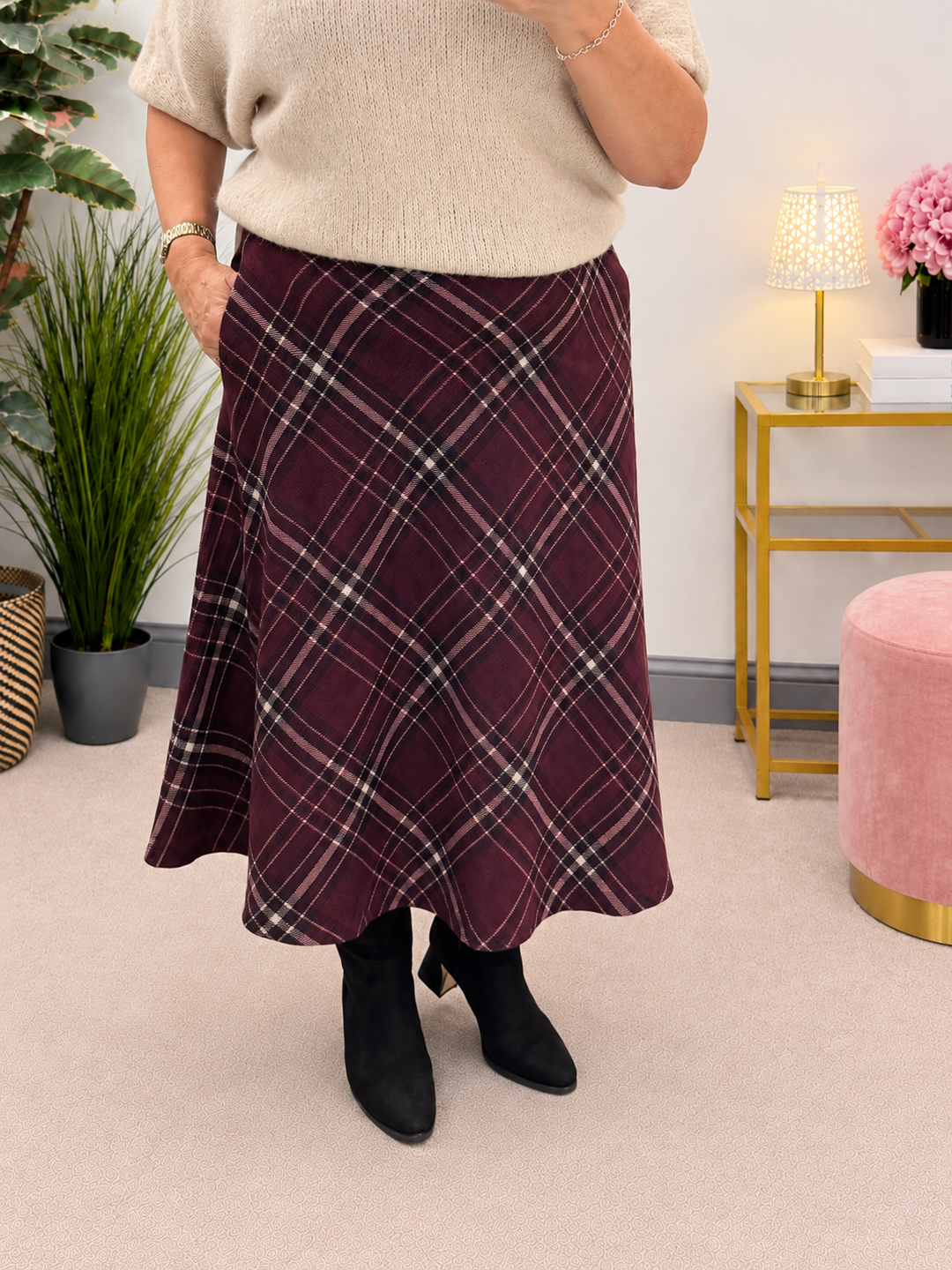 Womens tartan A line midi skirt - Wine, Blue & Khaki
