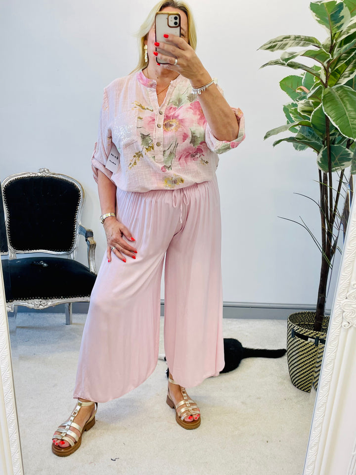 LADIES FLOWY CULLOTTE HAREM LOOSE FIT TROUSERS - PINK, NAVY, KHAKI, WHITE, DARK BEIGE