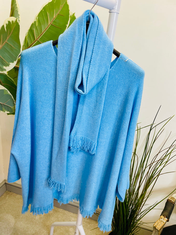 LADIES OVERSIZE JUMPER & SCARF SET BLUE
