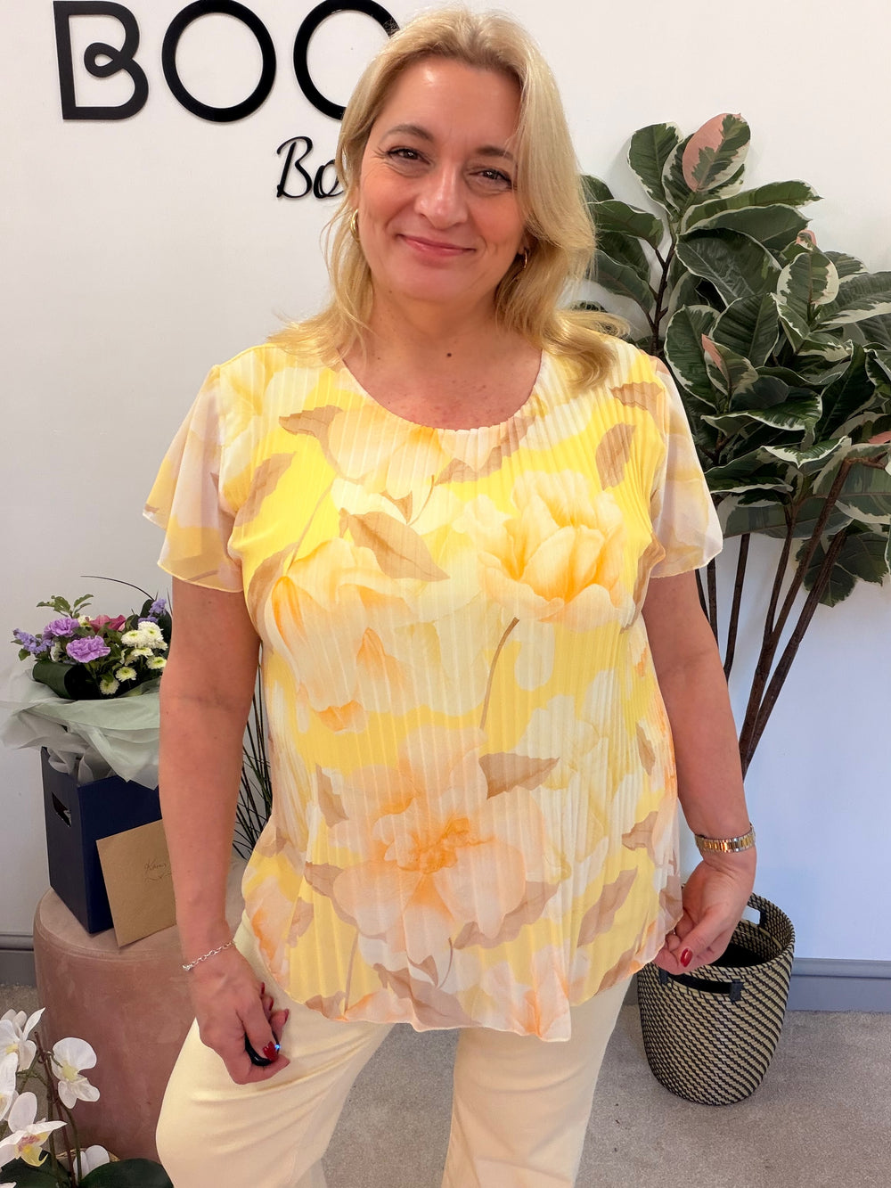 Ladies Fashion Floral Print Pleated Chiffon Blouse Top - pink, white, blue & lemon