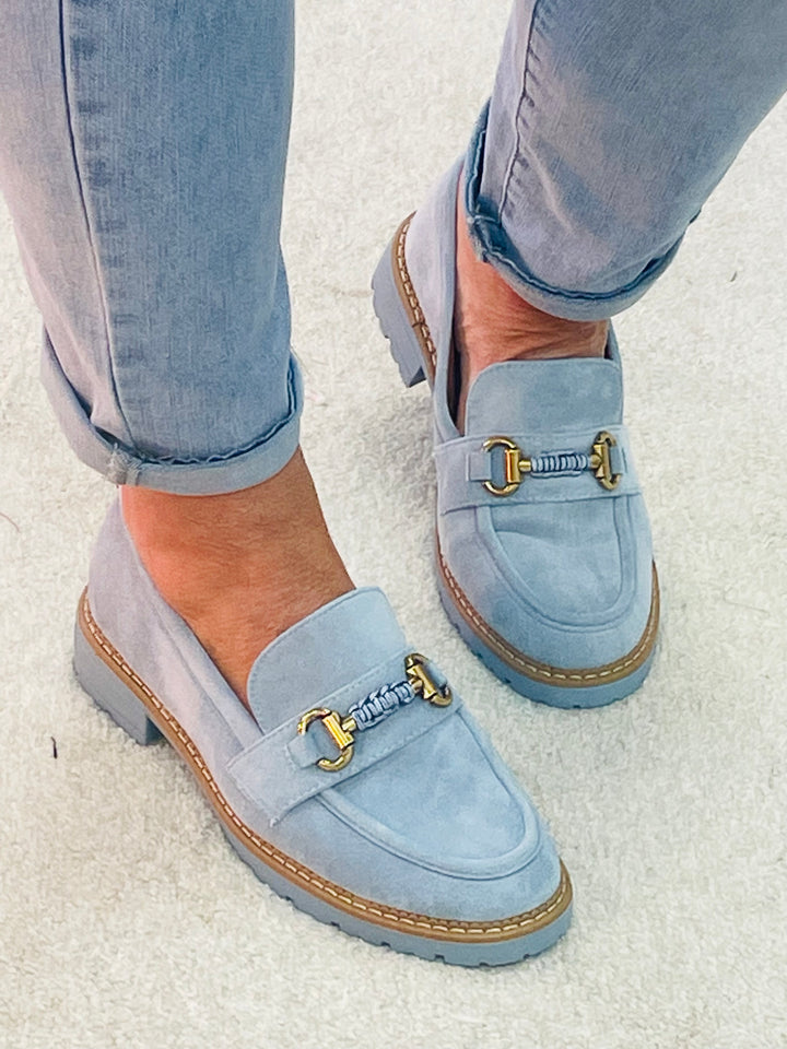 LADIES WOMENS PALE BLUE FAUX SUEDE FLAT LOAFER BROGUE SHOES