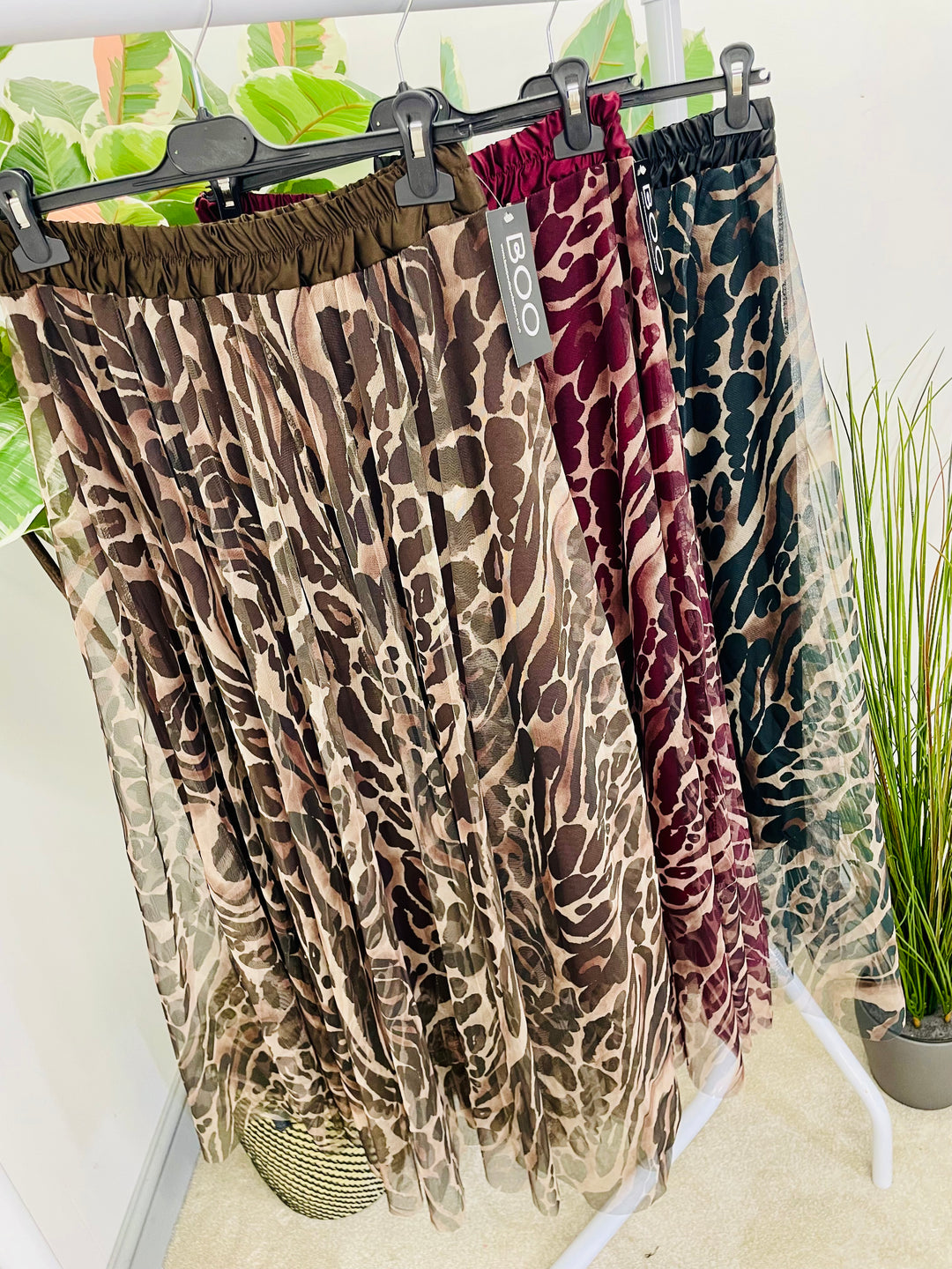 LADIES ANIMAL PRINT TULLE MAXI SKIRT - BLACK, BROWN & BURGUNDY