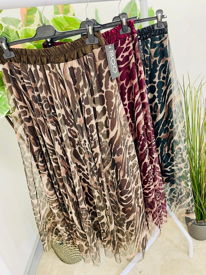 LADIES ANIMAL PRINT TULLE MAXI SKIRT - BLACK, BROWN & BURGUNDY