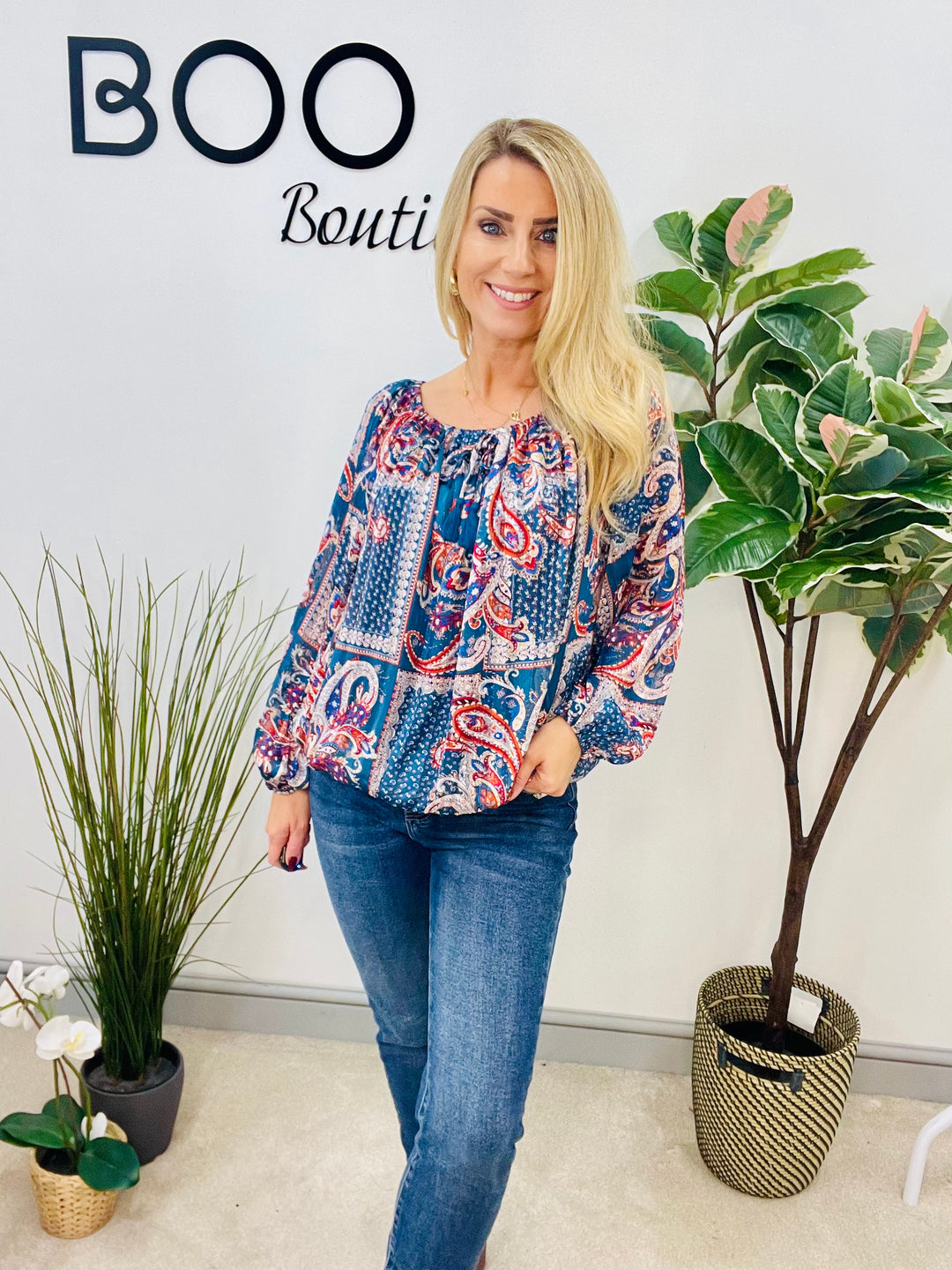 LADIES PAISLEY CHIFFON BARDOT TOP BLOUSE - BEIGE & TEAL