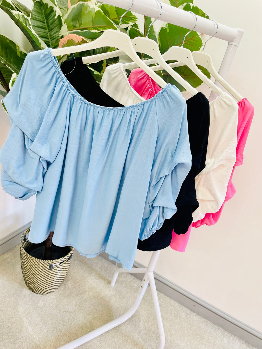 LADIES WOMENS BARDOT CASUAL PLAIN TOP BLOUSE IN BLACK, PINK, WHITE & BLUE