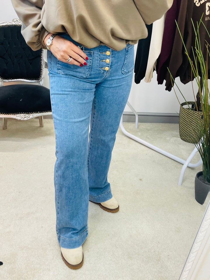 LADIES LIGHT DENIM WIDE LEG BUTTON FLY JEANS