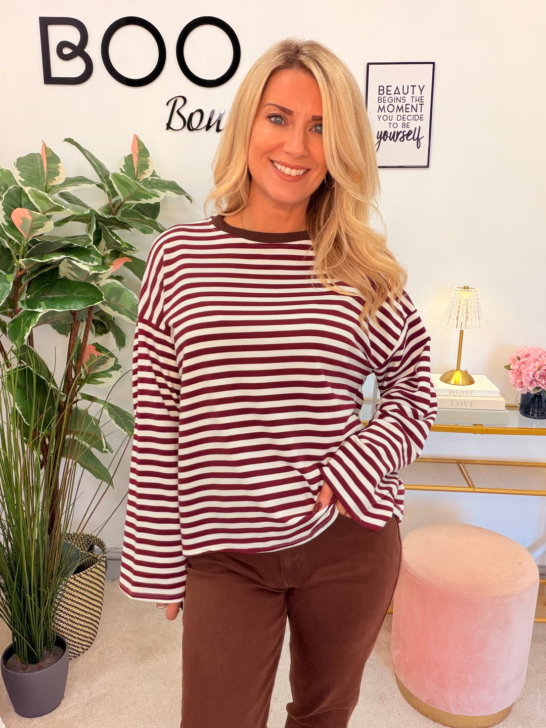 Women’s Stripe Long Sleeve Slouch Top - Wine, Navy, Pink, Brown
