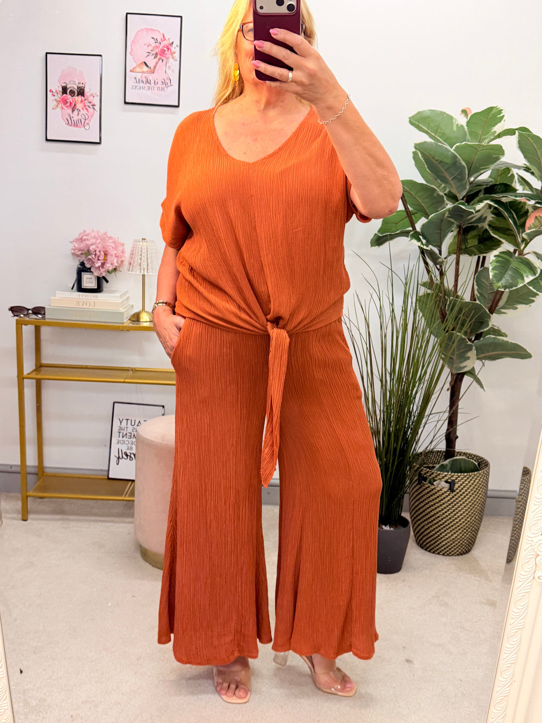 Ladies Fashion Wide Leg Trouser Co Ord Set - Rust, Black, Khaki & Brown