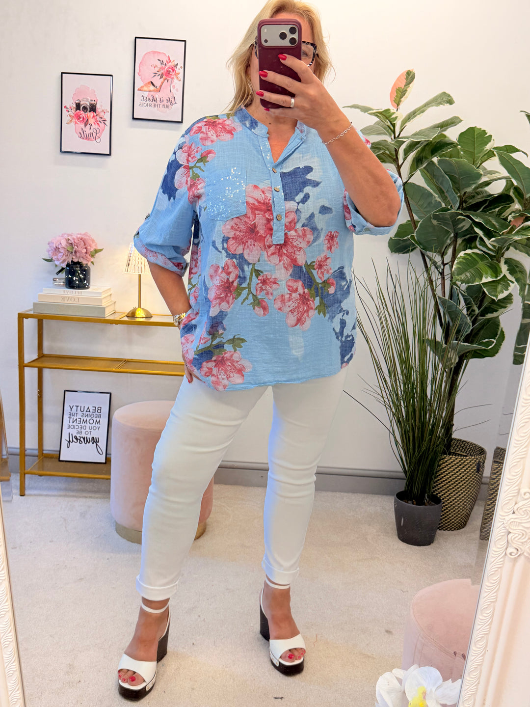 Ladies Light Linen Flower Print Grandad Top Shirt - White, Lemon, Blue & Pink