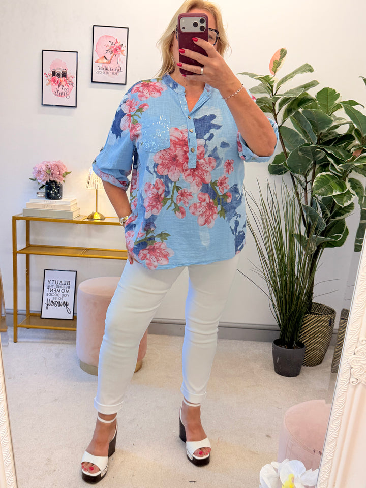 Ladies Light Linen Flower Print Grandad Top Shirt - White, Lemon, Blue & Pink