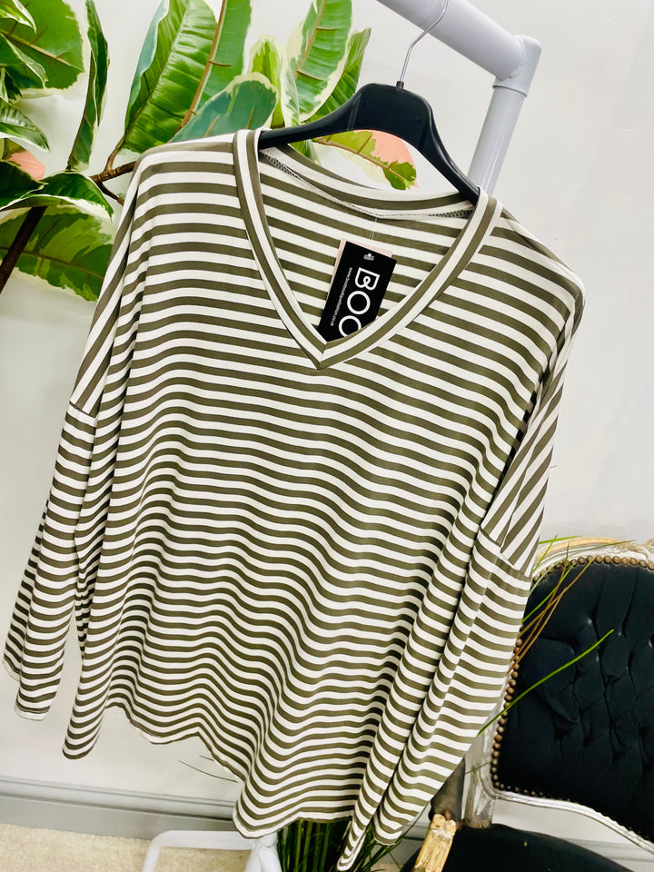 LADIES CASUAL STRIPE LOOSE FIT TOP - KHAKI, NAVY, WINE, BLACK & BROWN