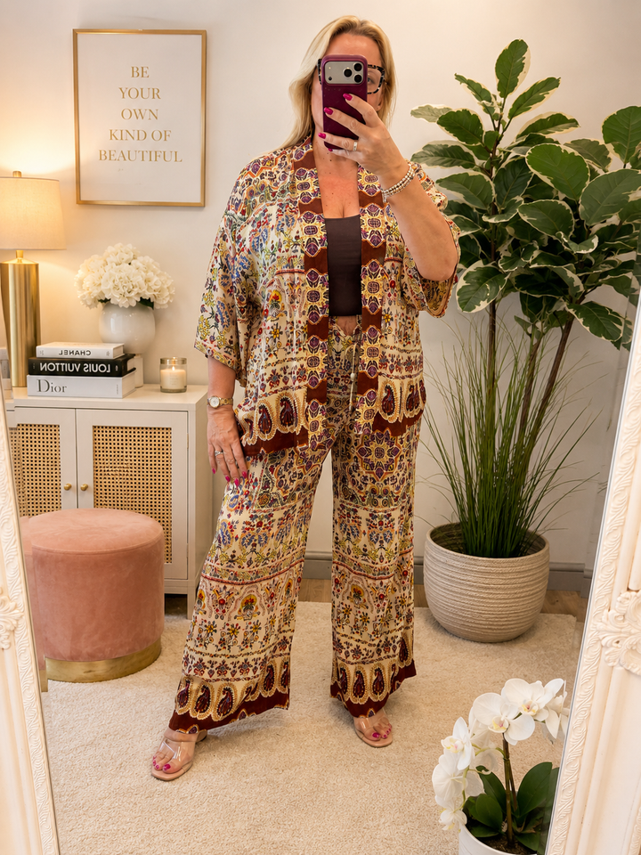Ladies Moroccan Print Wide Leg Trouser Kimono Jacket Co Ord Set