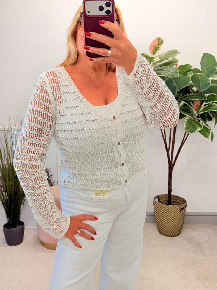 Ladies Fashion White Sequin Sparkly Crochet Bolero Cardigan