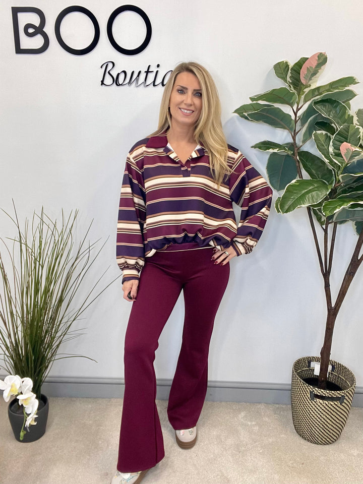 LADIES RUGBY TOP STRAIGHT LEG CO ORD SET - PLUM, MOCHA, BROWN