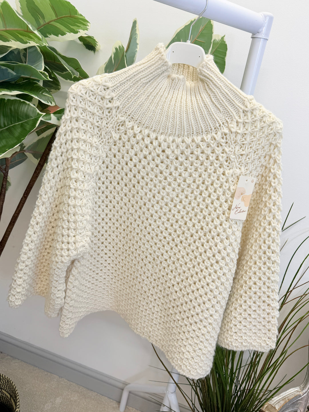LADIES CHUNKY WAFFLE KNIT JUMPER - LEMON, BEIGE, BLACK, MOCHA & GREY