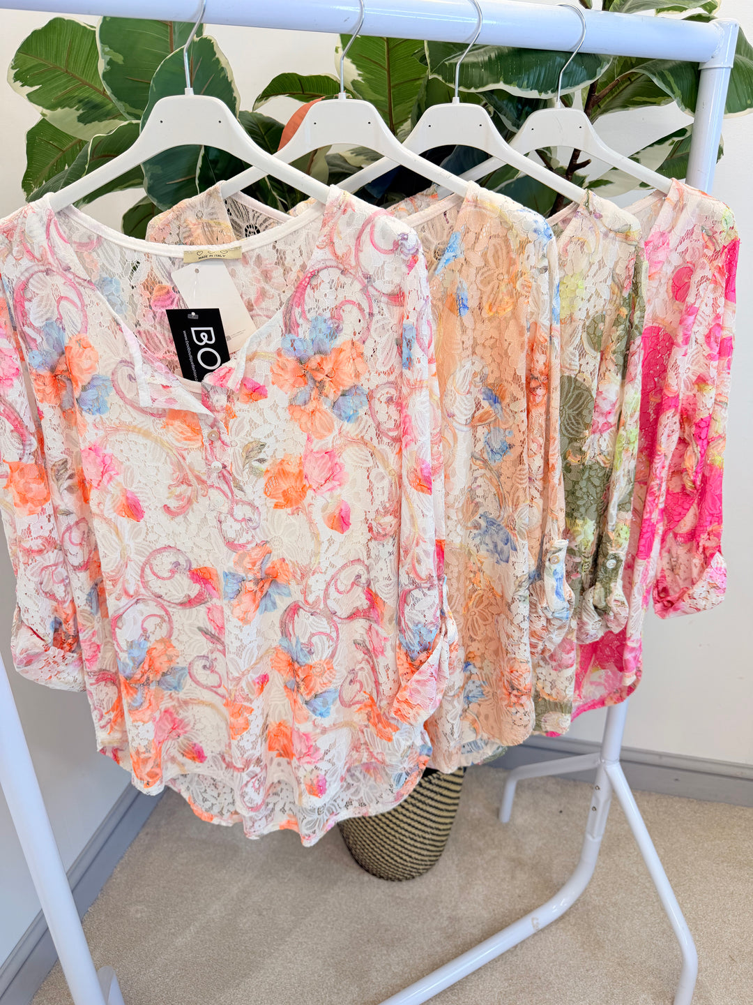 Ladies Lace Grandad Top - Khaki, Pink, Beige & White