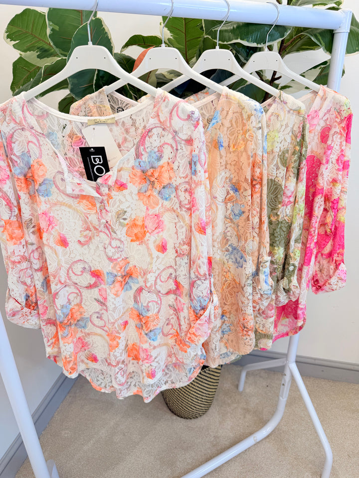 Ladies Lace Grandad Top - Khaki, Pink, Beige & White