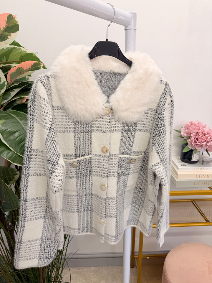 Ladies Fashion Fluffy Faux Fur Collar Cardigan Jacket - White, Black & Beige
