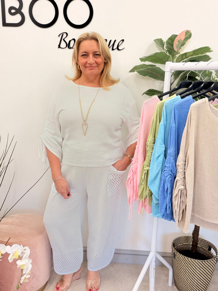 Ladies Fashion Ruche Sleeve Teabag Linen Top white