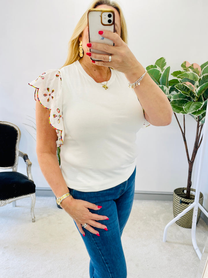 LADIES WHITE BRODERIE ANGLAISE SLEEVE PRETTY T TEE SHIRT