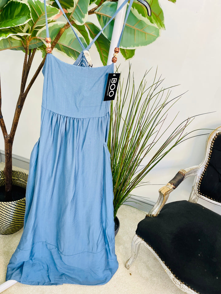 LADIES SUMMER HOLIDAY MAXI DRESS - DENIM BLUE, WHITE, BROWN, BEIGE & BLACK