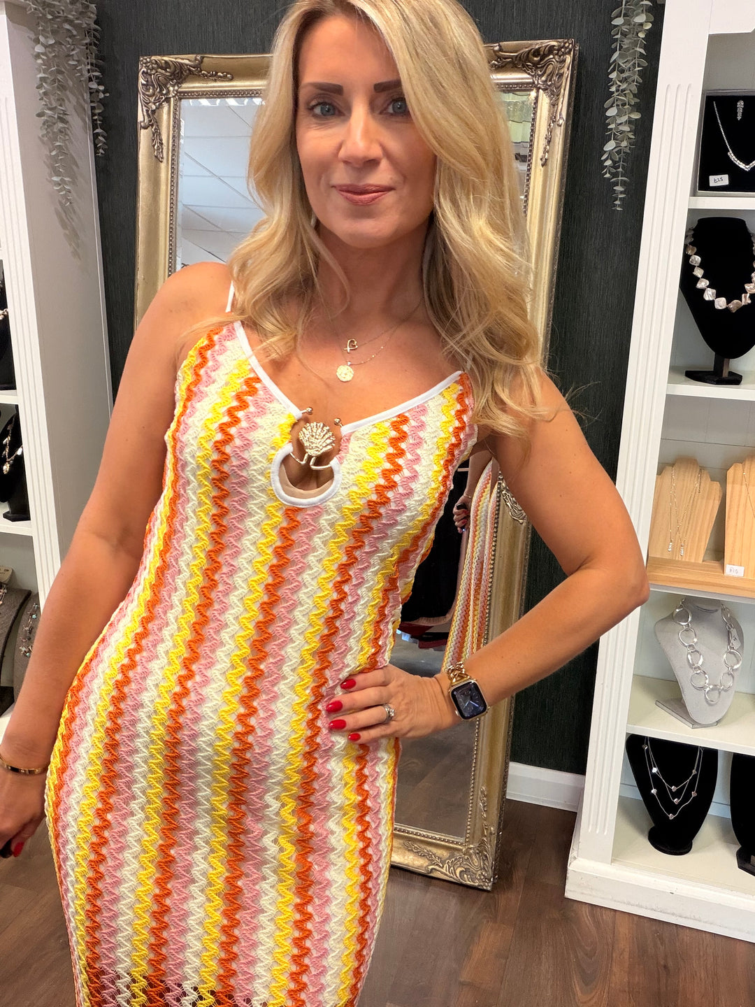 Ladies Fashion Crochet Summer Maxi Dress - Red, Yellow, Orange & Green