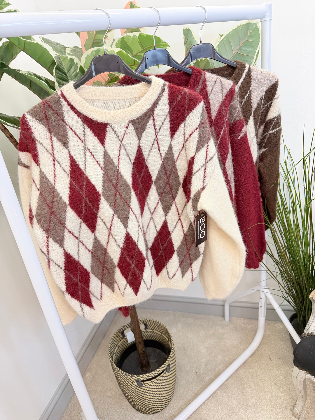 LADIES FASHION ARGYLE KNIT JUMPER - BERRY, CREAM, BROWN, 