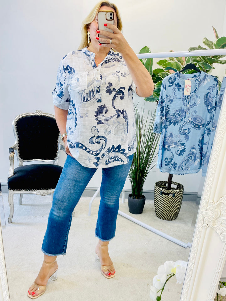 LADIES LINEN SUMMER CASUAL TOP - WHITE & BLUE