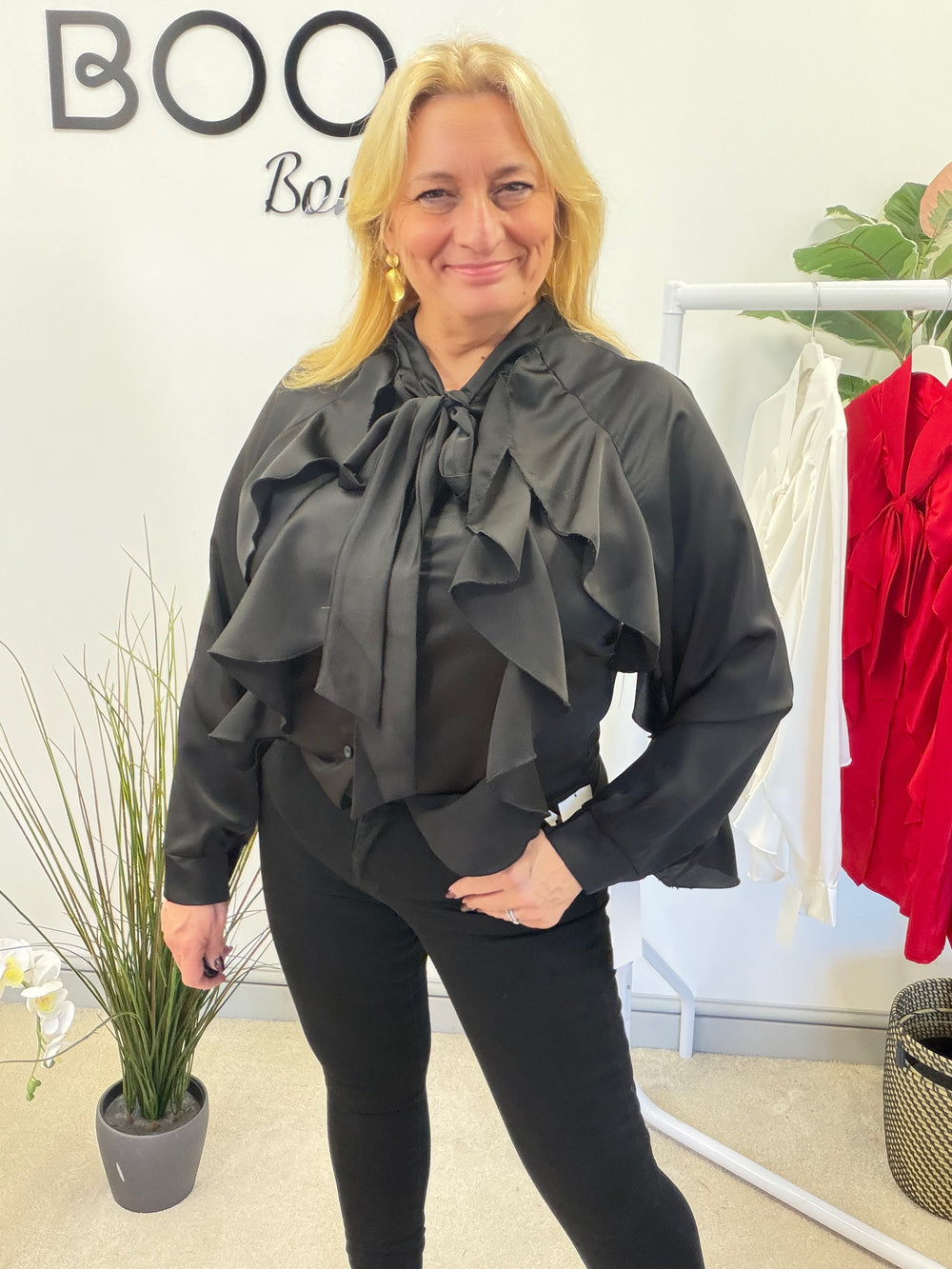 LADIES SATIN FLAMENCO FRILL BLOUSE SHIRT - RED, BLACK, WHITE