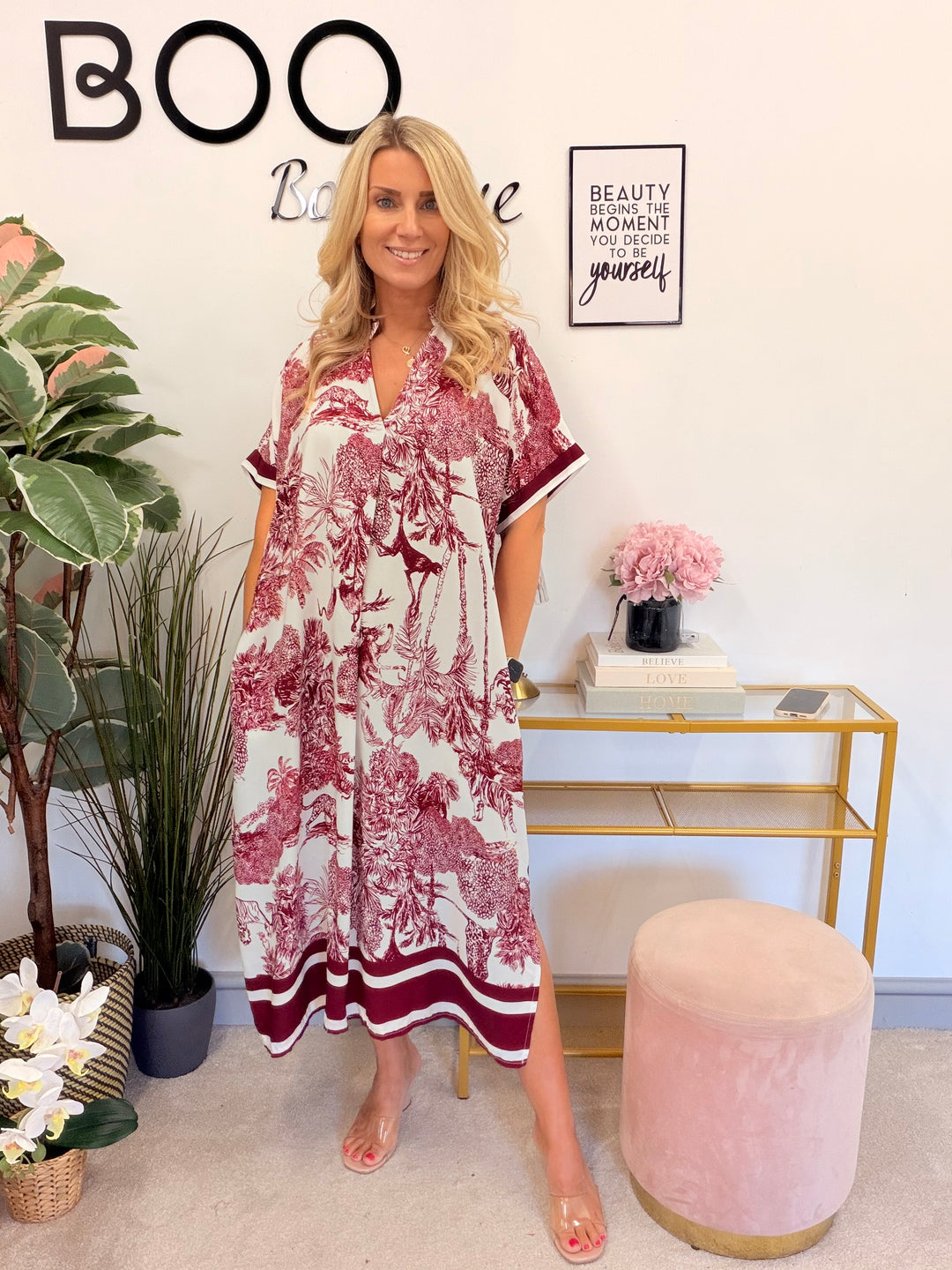 Ladies Jungle Print Loose Fit Summer Maxi Dress - Wine, Brown & Denim Blue