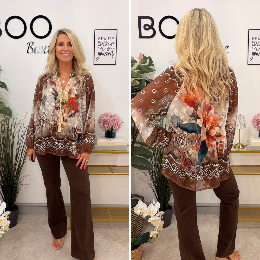 Ladies Fashion Chiffon Giraffe Rose Print Blouse Top