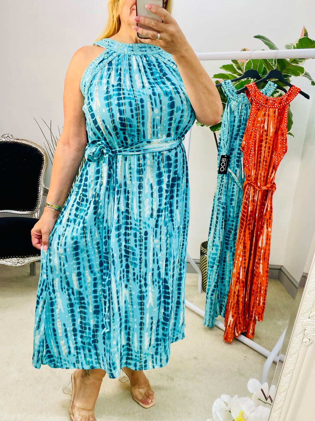 LADIES SUMMER PARTY EVENT MIDI DRESS - BLUE & ORANGE