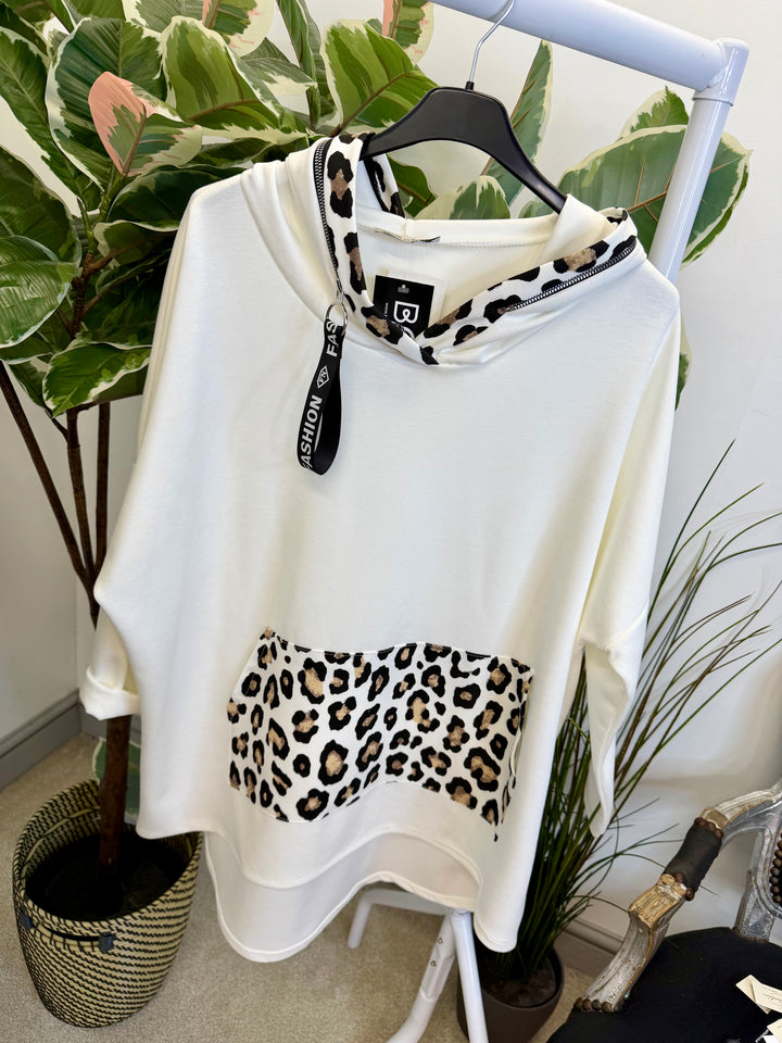 LADIES LEOPARD DETAIL HOODY SWEATSHIRT TOP - BLACK & WHITE