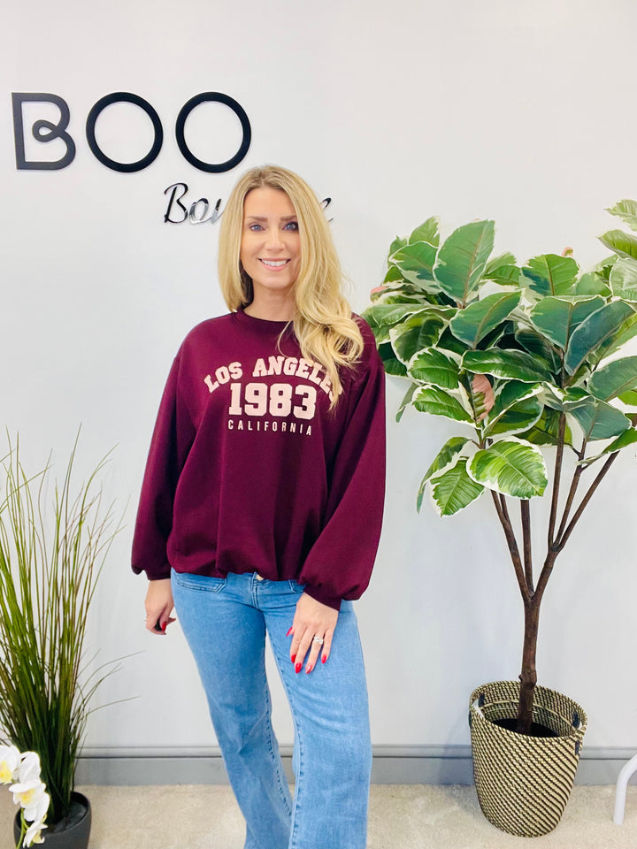 LADIES BUBBLE HEM NEW YORK SWEATSHIRT TOP - BERRY, BLACK, TAUPE, CREAM & BROWN