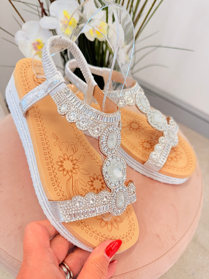 Ladies Fashion Silver Jewelled Small Wedge Sandals Shoes