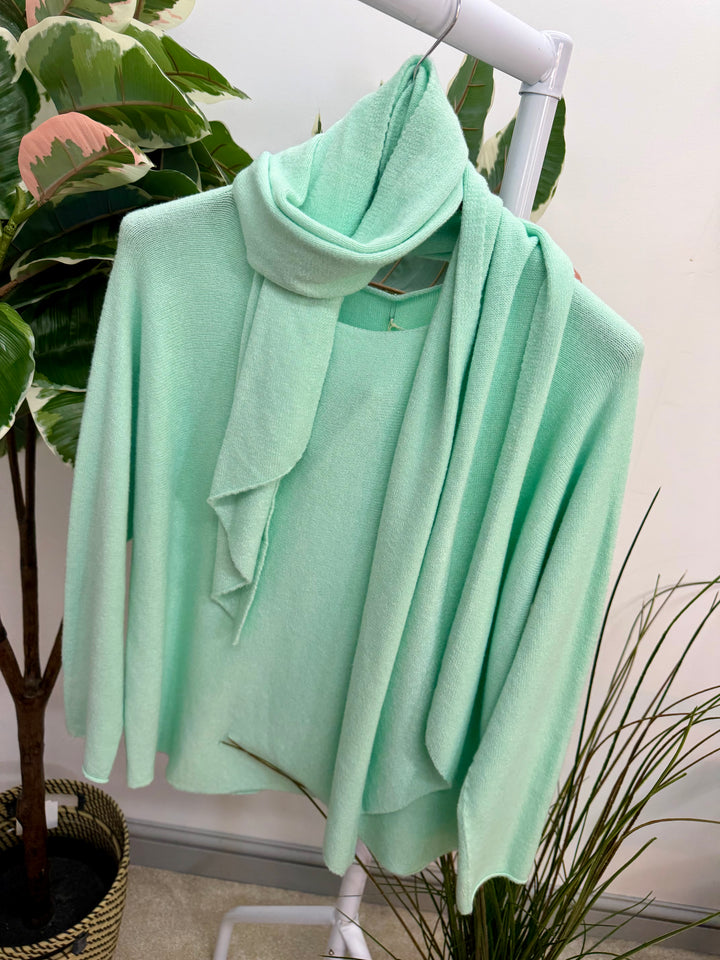 LADIES KNITTED JUMPER & SCARF SET - PINK, BLACK, WHITE & MINT