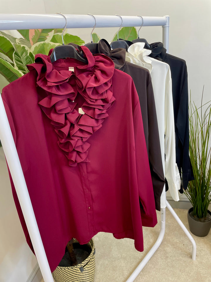 LADIES RUFFLE FRILL BLOUSE SHIRT - WHITE, BLACK, BROWN & BERRY