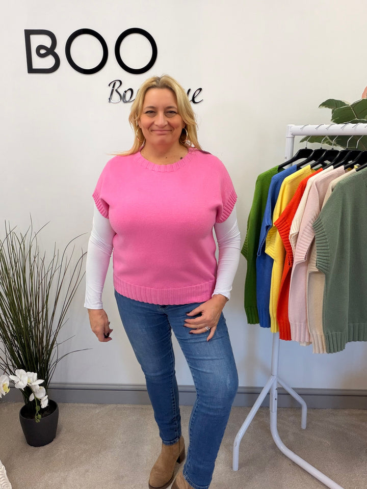 LADIES KNITTED TANK TOP JUMPER - ORANGE, PINK, YELLOW, CREAM, GREEN, KHAKI, BEIGE