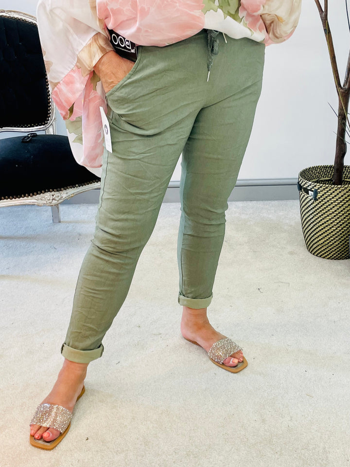 LADIES WOMENS KHAKI CRINKLE STRETCH CASUAL MAGIC TROUSERS