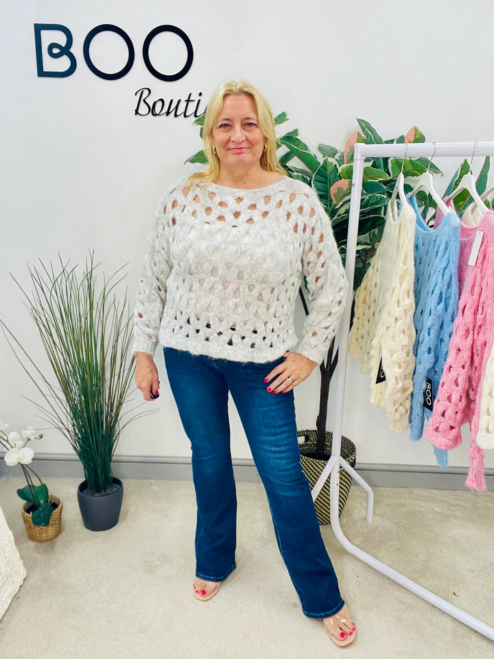 LADIES HOLEY BOX STYLE JUMPER - BLUE, BEIGE, CREAM, PINK & GREY